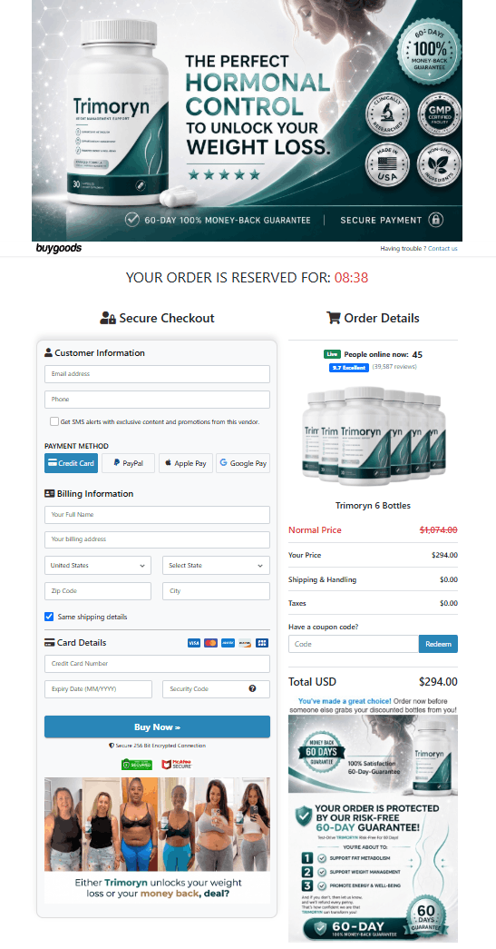 Trimoryn secure checkout page